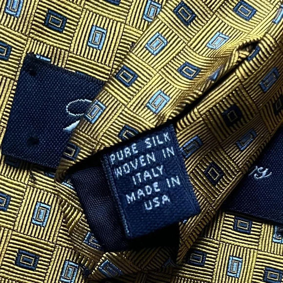 Brooks Brothers Makers Gold Blue Rectangular Print 100% Silk Men’s Necktie Work - Picture 4 of 5